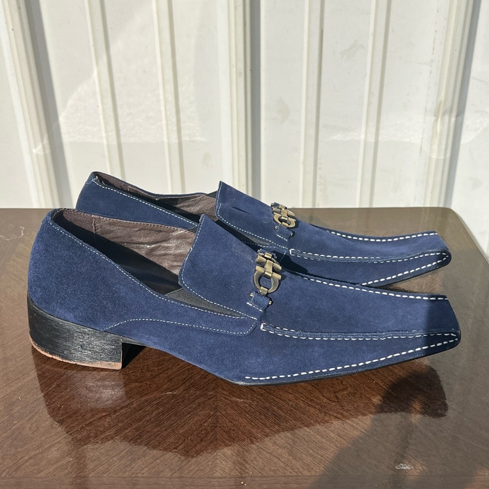 Fiesso by Aurelio Garcia Blue Suede Leather Loafers w/ Pointed Toe Size 10 (44)